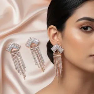 Dreamy Fashionable Rose Gold Plated White AD Stones Studded Multilayered Dangler Earrings