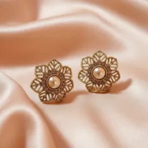 Gold Look Brass Earrings Pearl Studs For Women And Girls