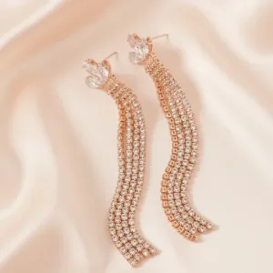 Lotus Bud American Diamond Look Rhinestone Tassel Earrings