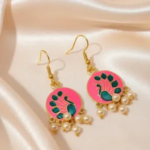 Meenakari Pink and Sea Blue Mayur Earrings For Women and Girls