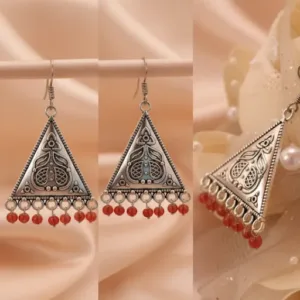 Oxidized German Silver Triangle Traditional Orange Pearl Earring for Women & Girls