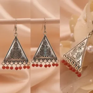 Oxidized German Silver Triangle Traditional Orange Pearl Earring for Women & Girls