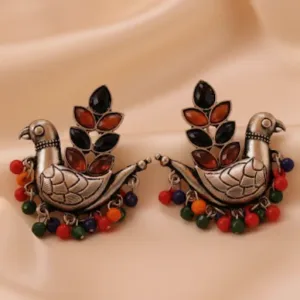 Traditional Bird Collection Oxidized Silver Multi color CZ Stone Afghani Style Jhumka Studs Earrings for Women and Girls