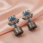 Traditional Stylish German Silver Oxidized Jhumka With Blue Floral Shade