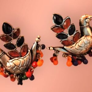 Traditional Bird Collection Oxidized Silver Multi color CZ Stone Afghani Style Jhumka Studs Earrings for Women and Girls