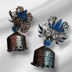 Traditional Stylish German Silver Oxidized Jhumka With Blue Floral Shade