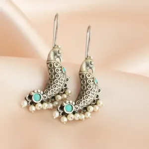 German Silver Turquoise Monalisa Stone Peacock  statemnt Earrings For Women and Girls