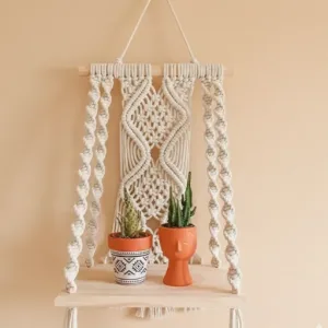 Handmade Macrame Wall Hanging with Floating  Wooden Shelf For Home and Garden