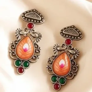 Traditional Handpainted Oxidized silver Stud with Gemstones