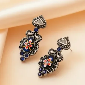 Traditional Handpainted Oxidized Studs with Gemstones