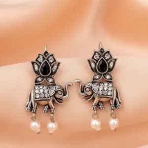 German Silver Lotus With Elephant Earrings For Women and Girls