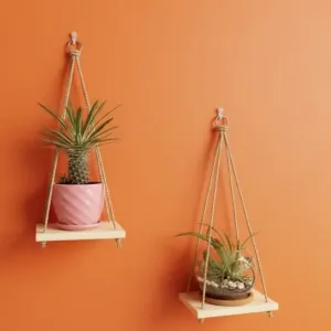 Rope Pot Hangers With Floating Wooden Shelf  From Home and Garden (Set of 2)